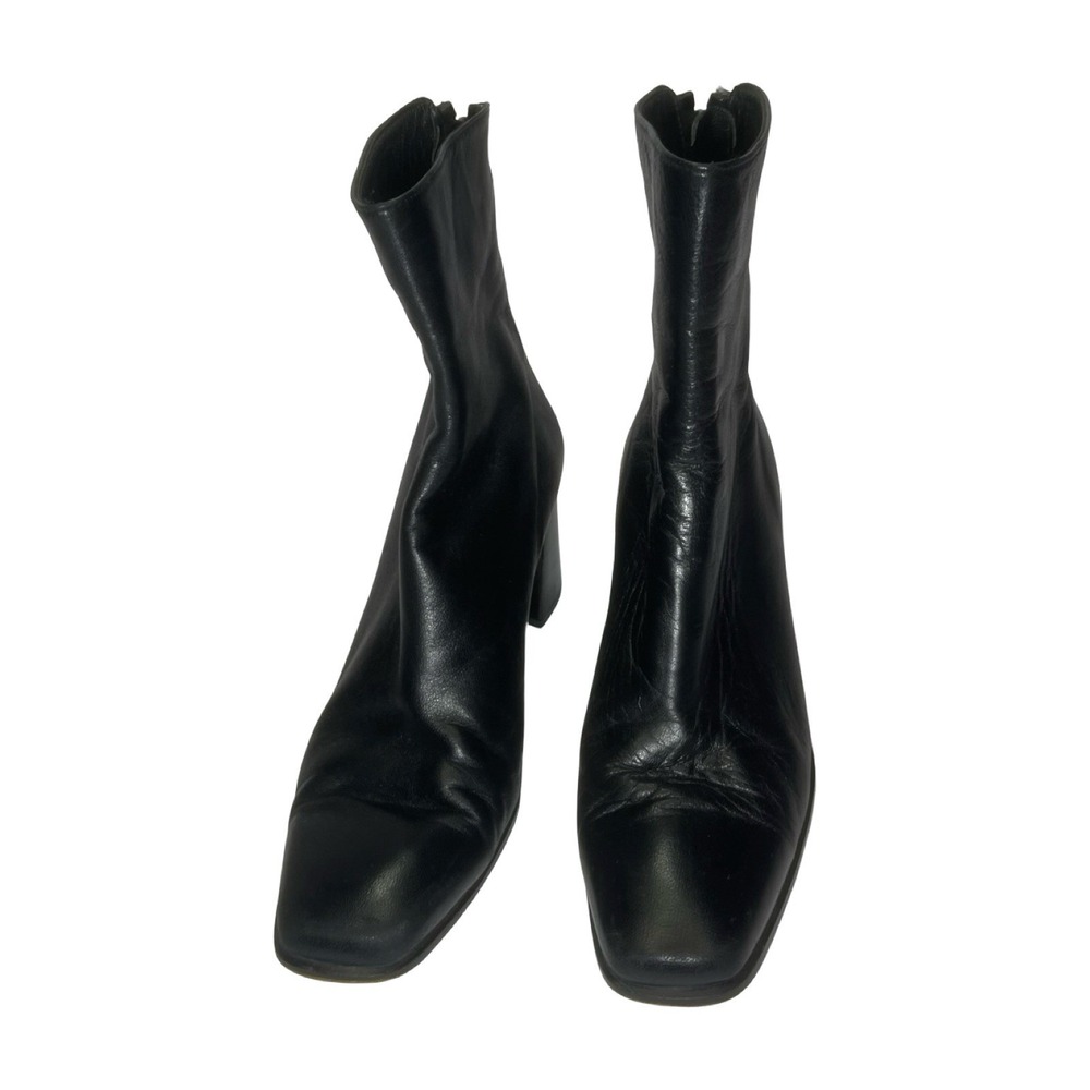 Black Leather Stuart Weitzman Ankle Boots Block Heel Square Toe Zip Women's Sz 7